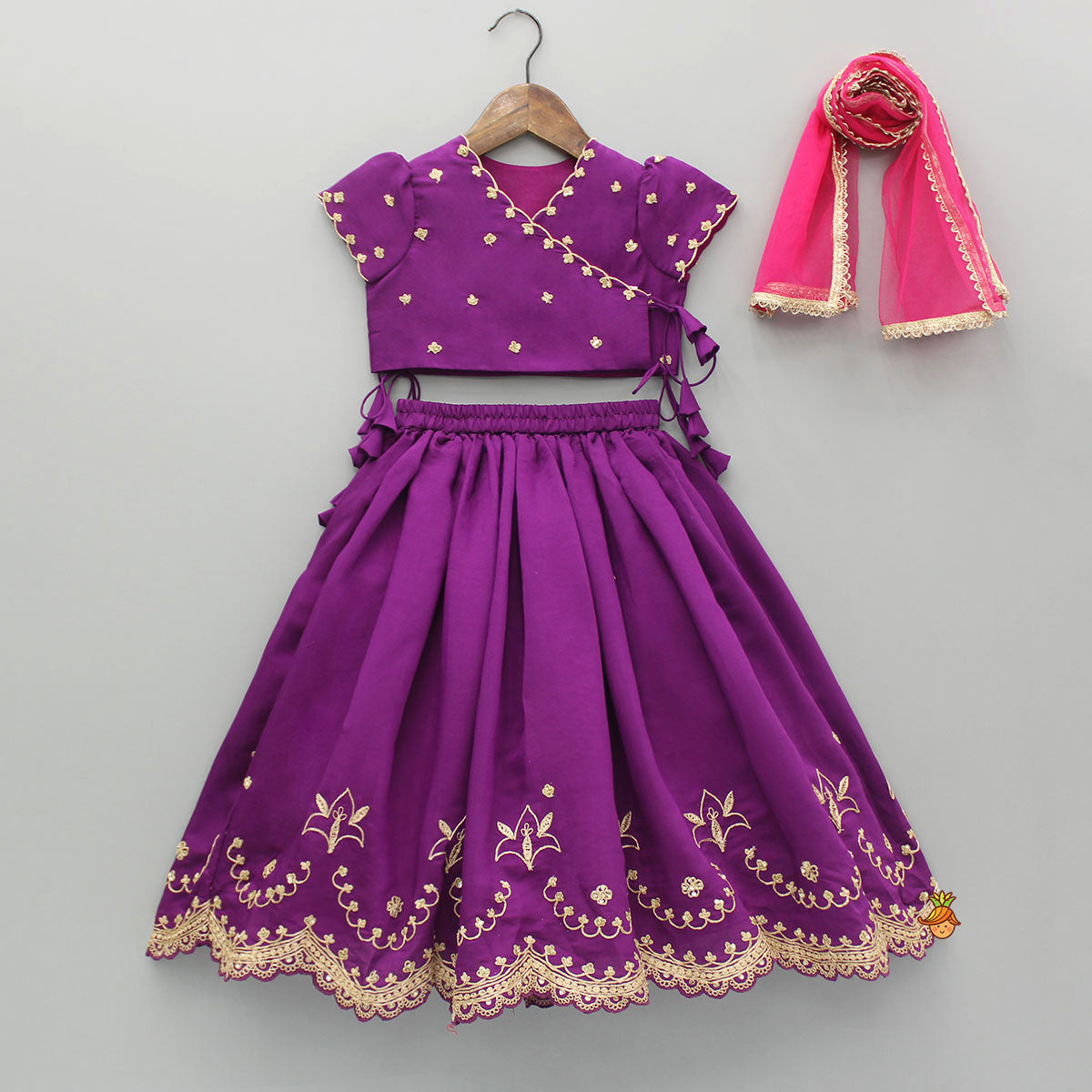 Purple Embroidered Front Overlap Top With Lehenga And Dupatta