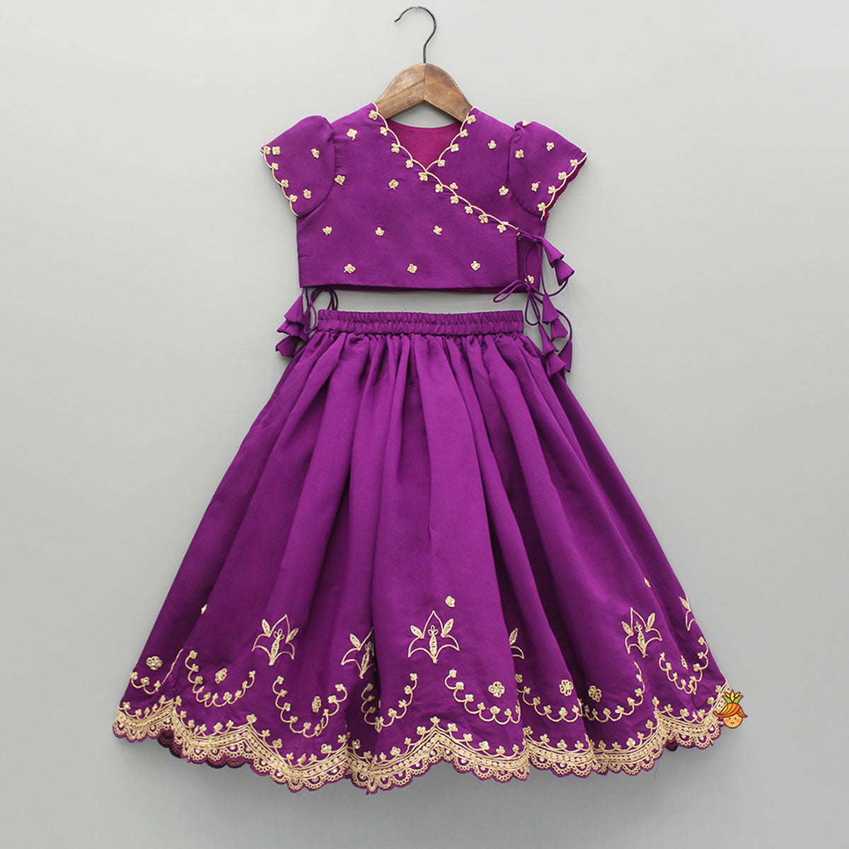 Purple Embroidered Front Overlap Top With Lehenga And Dupatta