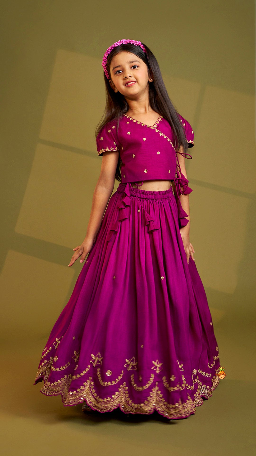 Purple Embroidered Front Overlap Top With Lehenga And Dupatta