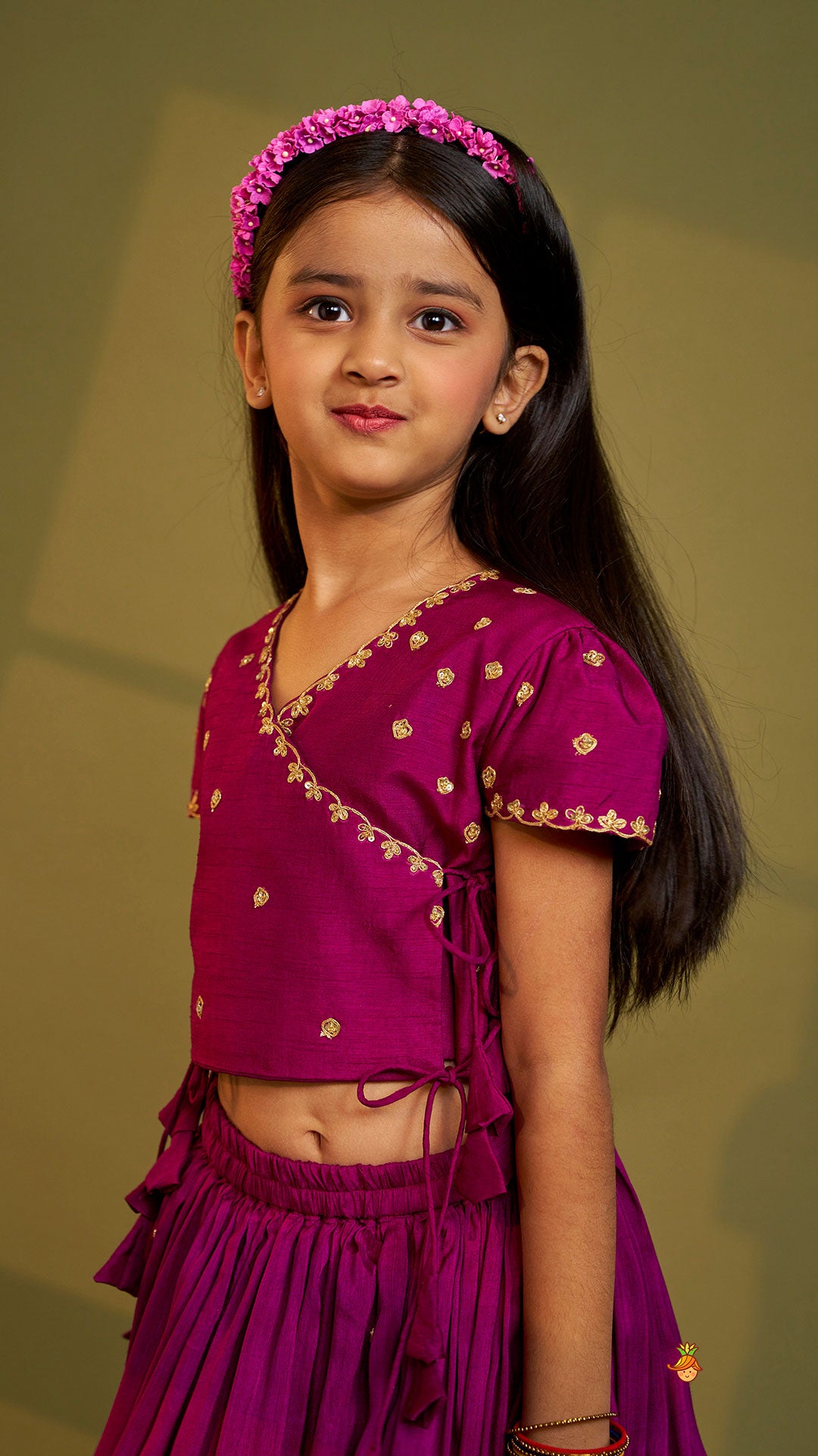 Purple Embroidered Front Overlap Top With Lehenga And Dupatta