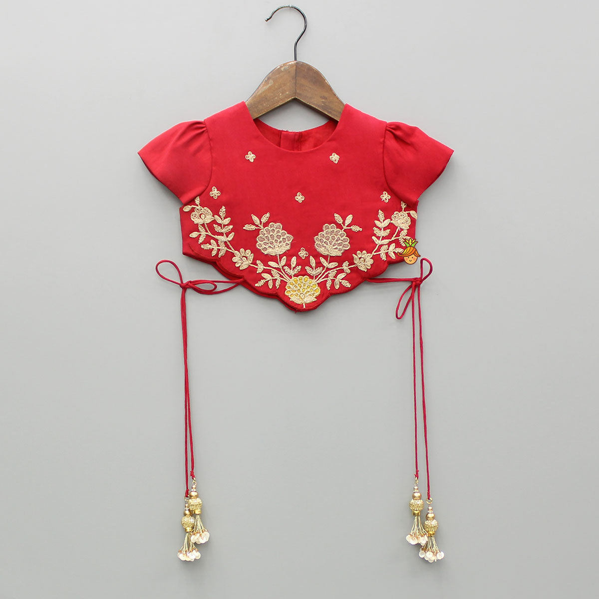 Red Embroidered Scalloped Hem Top With Lehenga