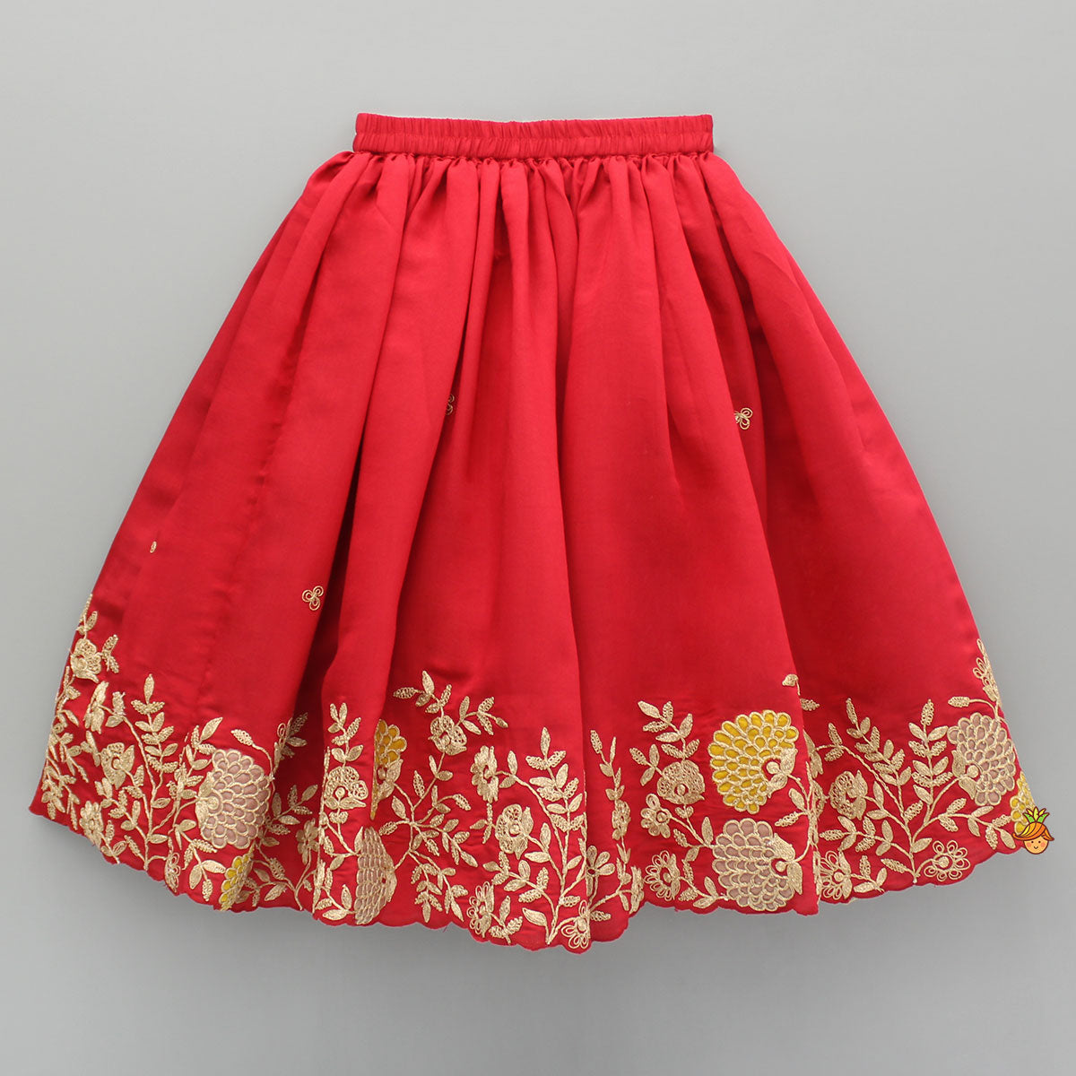 Red Embroidered Scalloped Hem Top With Lehenga