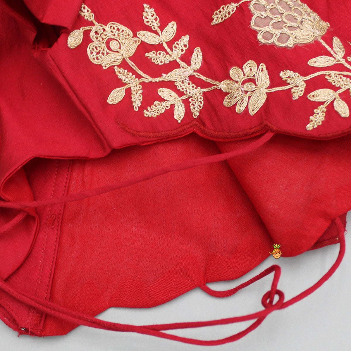 Red Embroidered Scalloped Hem Top With Lehenga