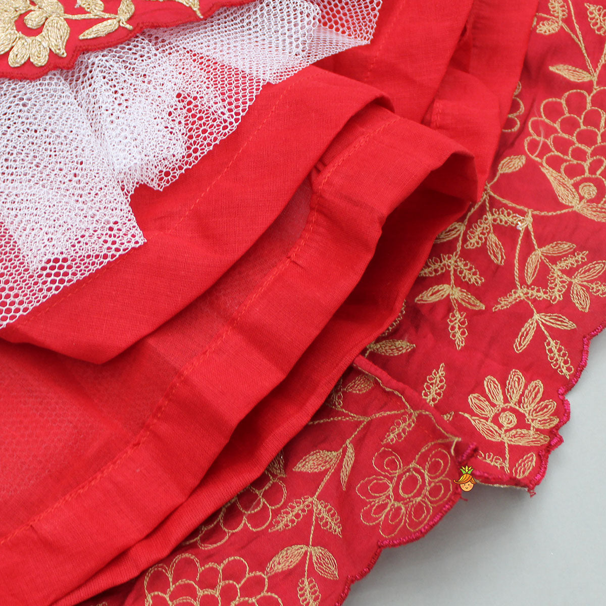 Red Embroidered Scalloped Hem Top With Lehenga