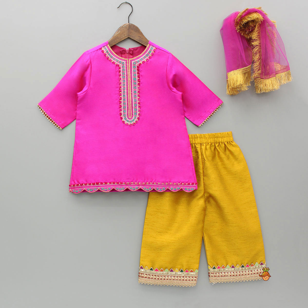 Pink Embroidered Kurti With Pant And Dupatta