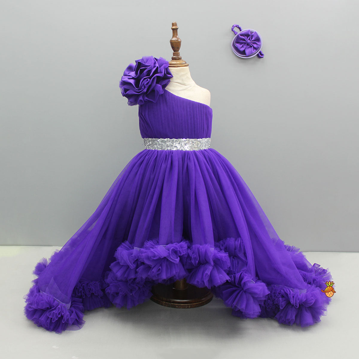 Purple One Shoulder High Low Dress With Matching Head Band And Detachable Bow