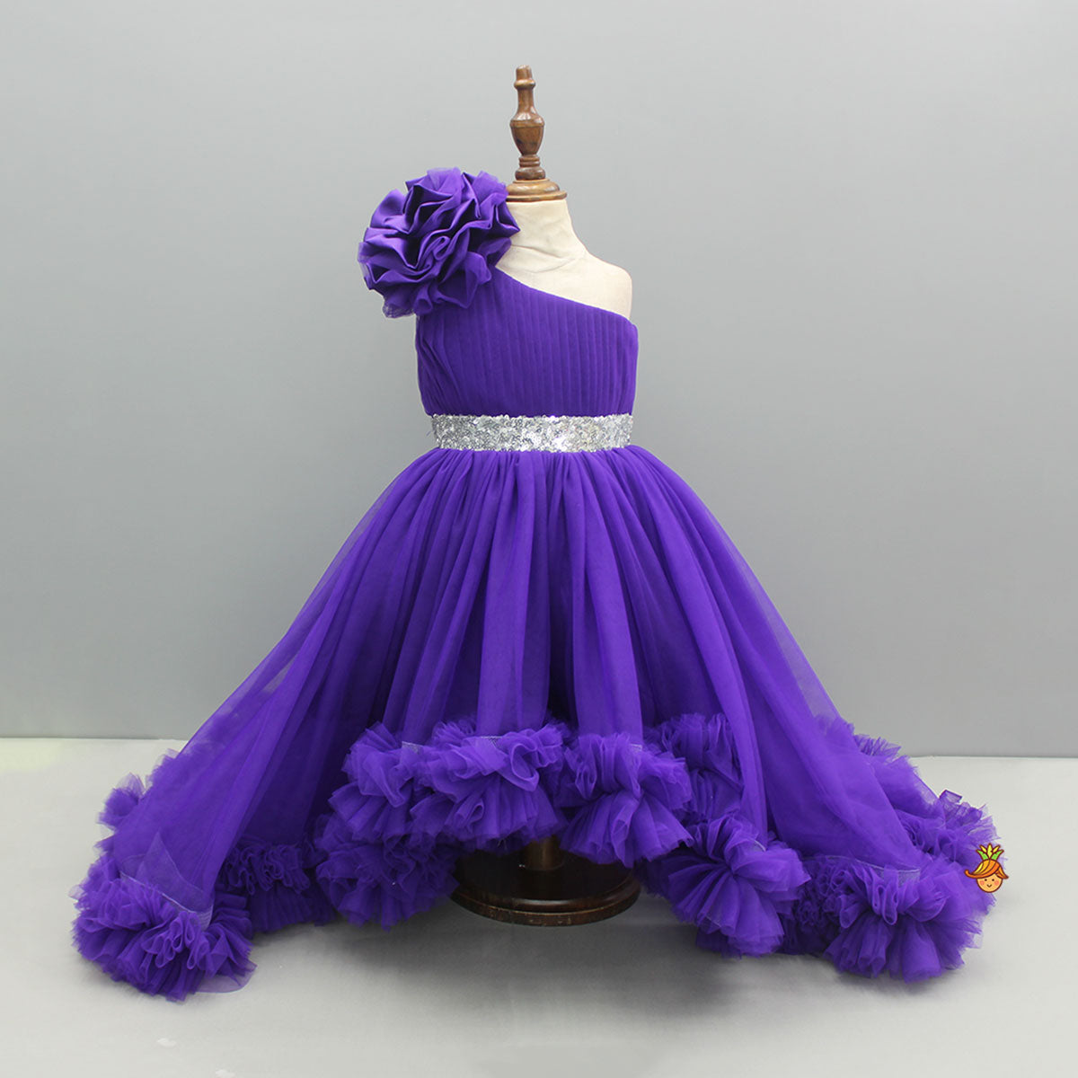 Purple One Shoulder High Low Dress With Matching Head Band And Detachable Bow