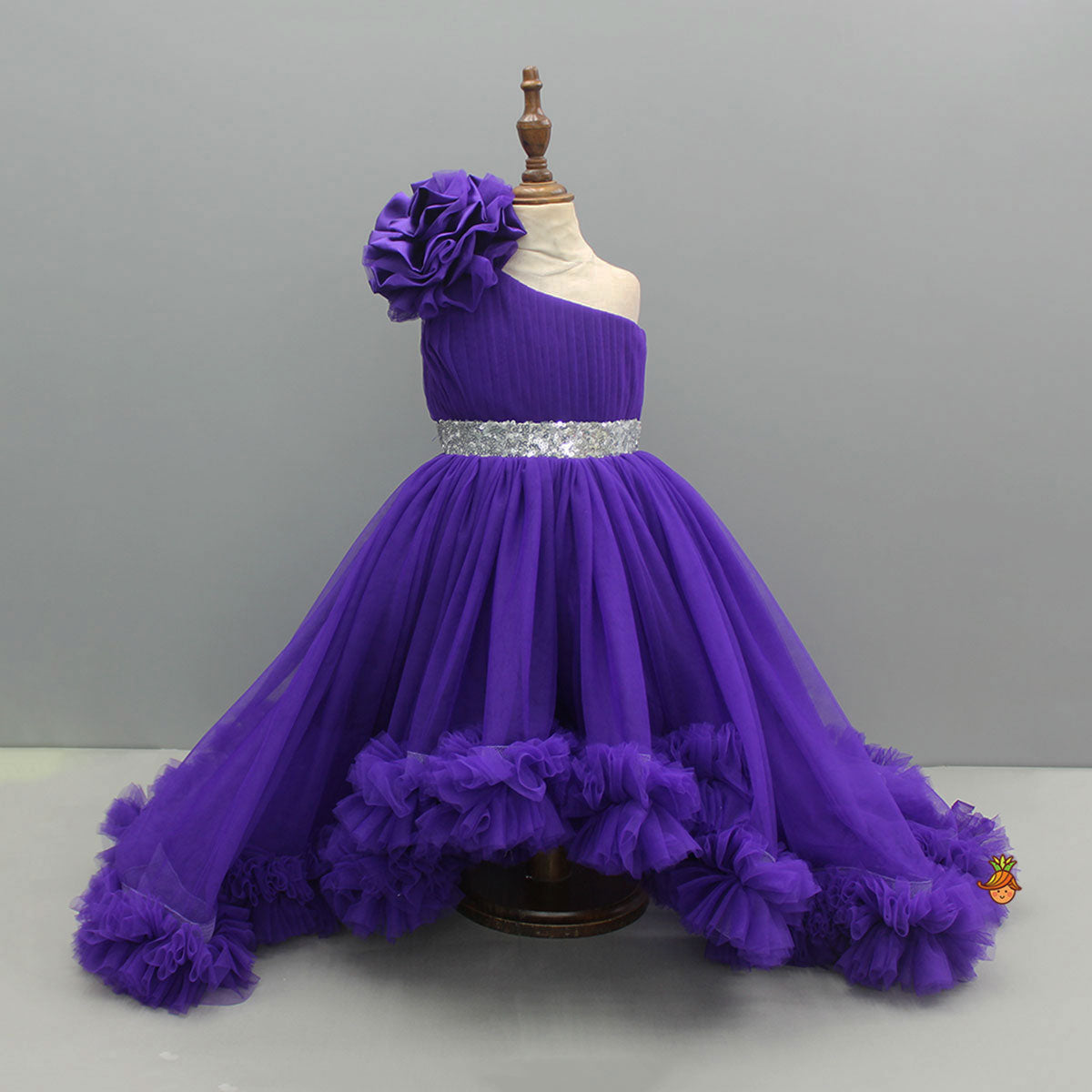 Purple One Shoulder High Low Dress With Matching Head Band And Detachable Bow