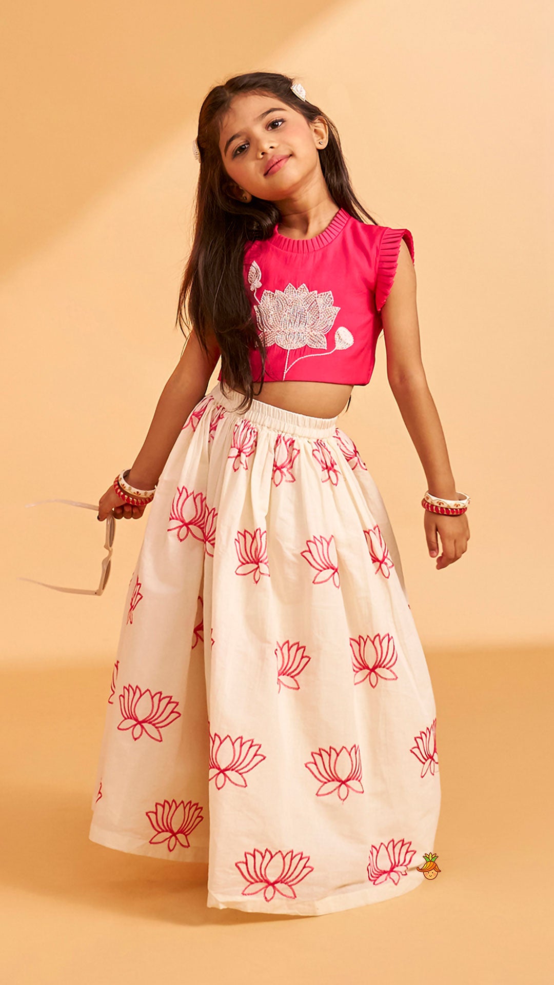 Lotus Embroidered Pink Top With Lehenga