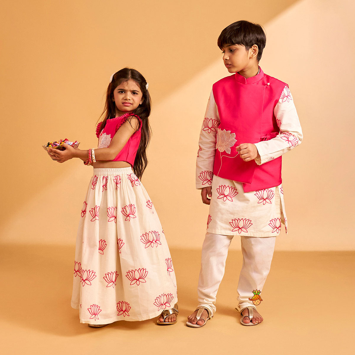 Lotus Embroidered Pink Top With Lehenga twinning model image 3