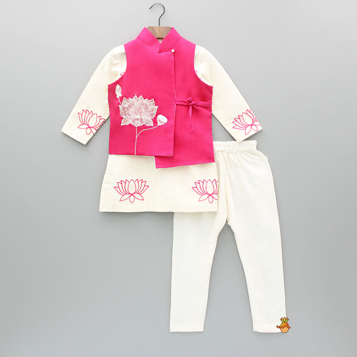 Lotus Embroidered Kurta With Pink Jacket And Churidar