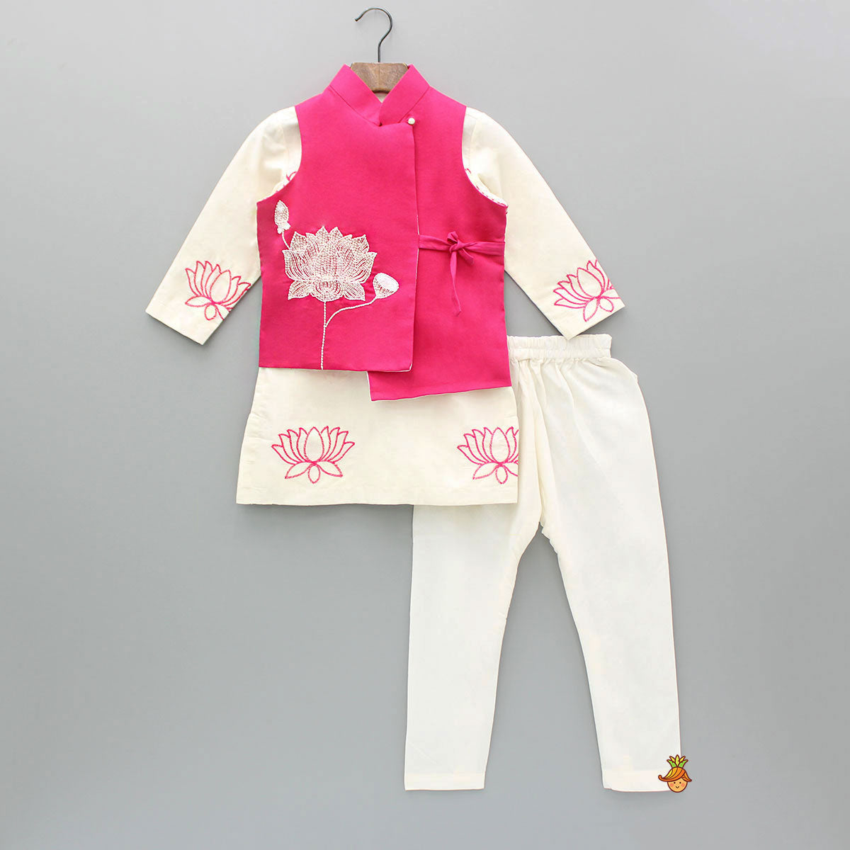 Lotus Embroidered Kurta With Pink Jacket And Churidar