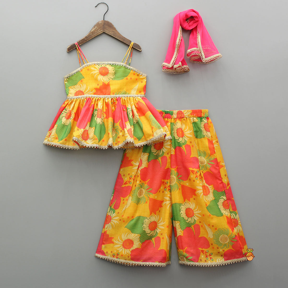 Multicolour Floral Printed Strappy Top And Palazzo With Dupatta