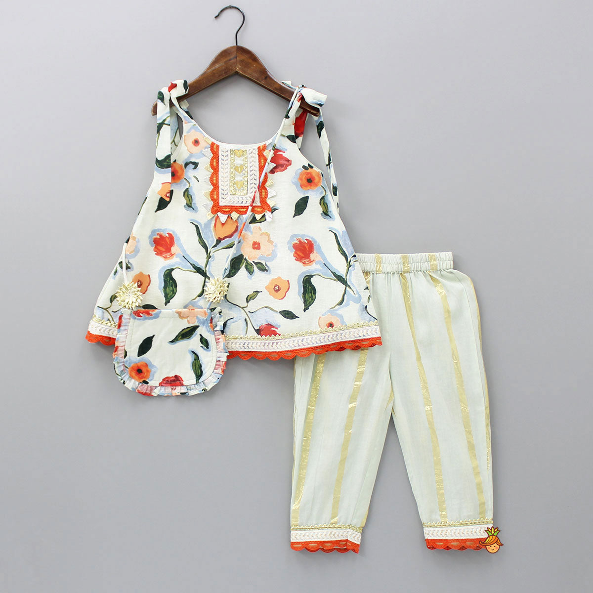 Flower Printed Tie Up Strap Kurti And Pant With Matching Sling Bag