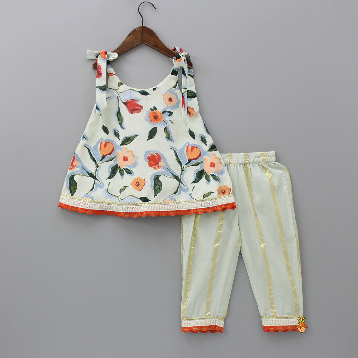 Flower Printed Tie Up Strap Kurti And Pant With Matching Sling Bag