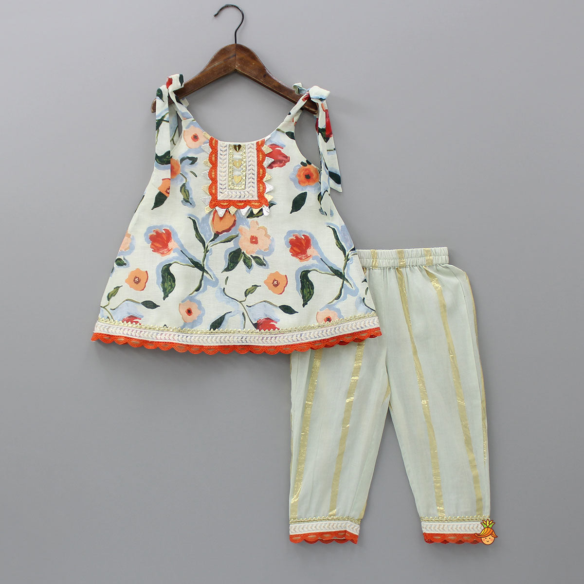 Flower Printed Tie Up Strap Kurti And Pant With Matching Sling Bag