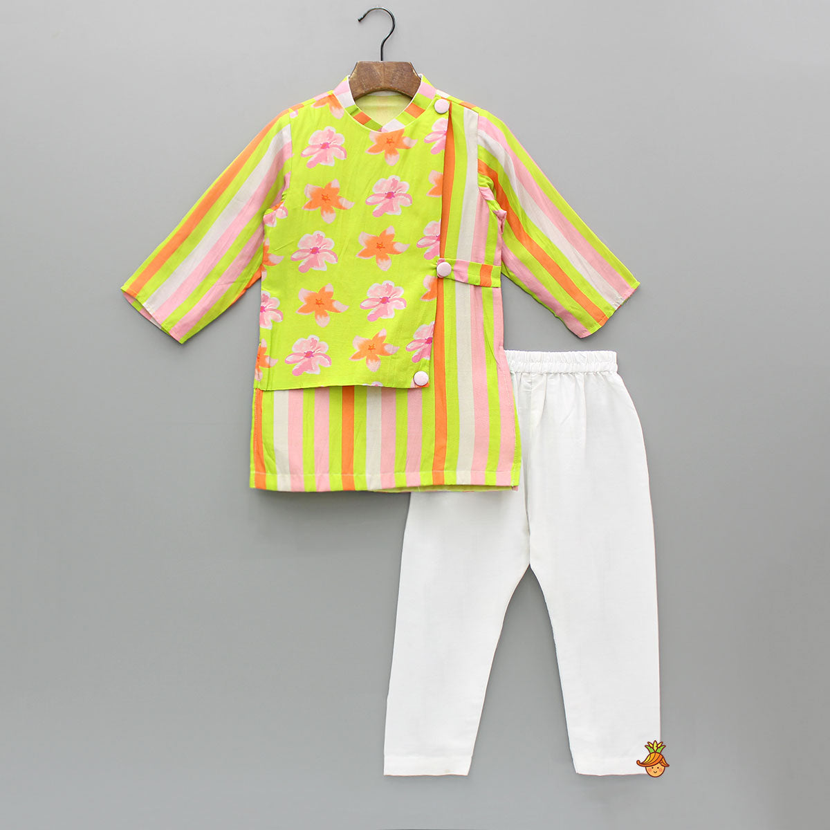 Multicoloured Striped And Floral Printed Flap Kurta With Pyjama