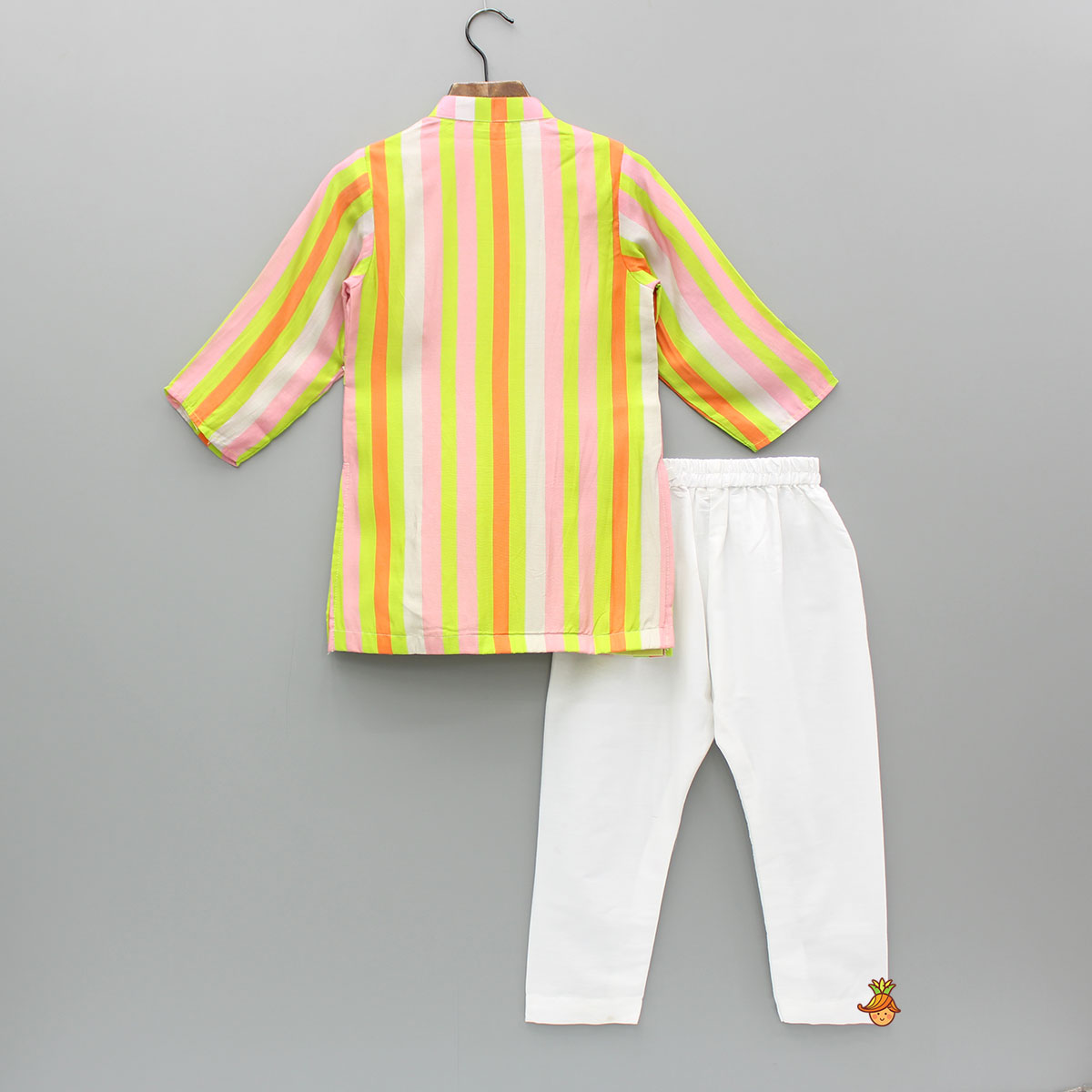 Multicoloured Striped And Floral Printed Flap Kurta With Pyjama