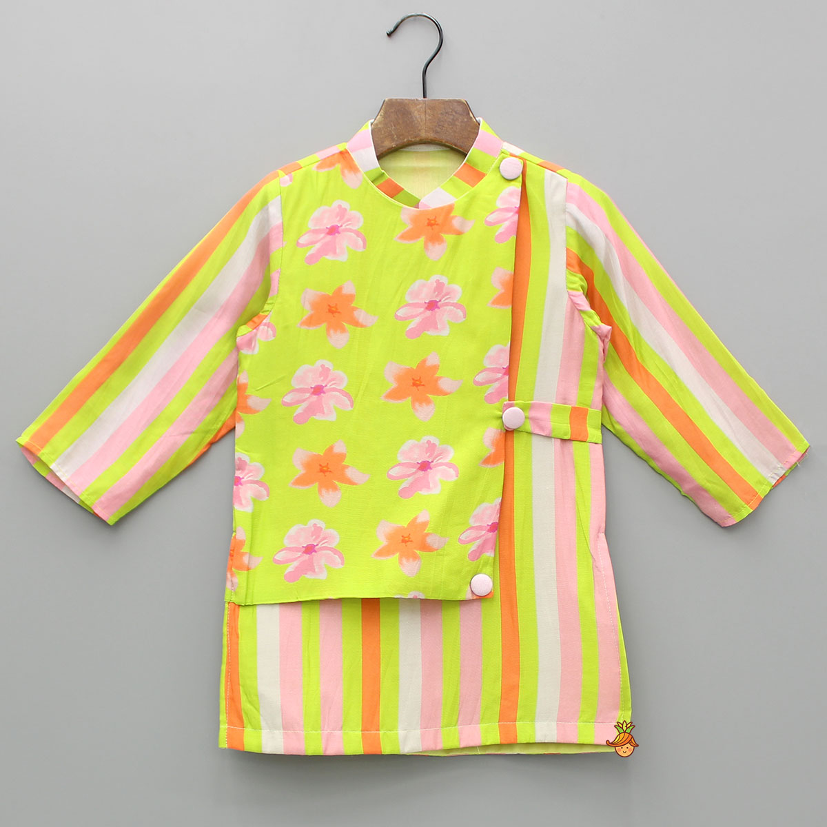 Multicoloured Striped And Floral Printed Flap Kurta With Pyjama