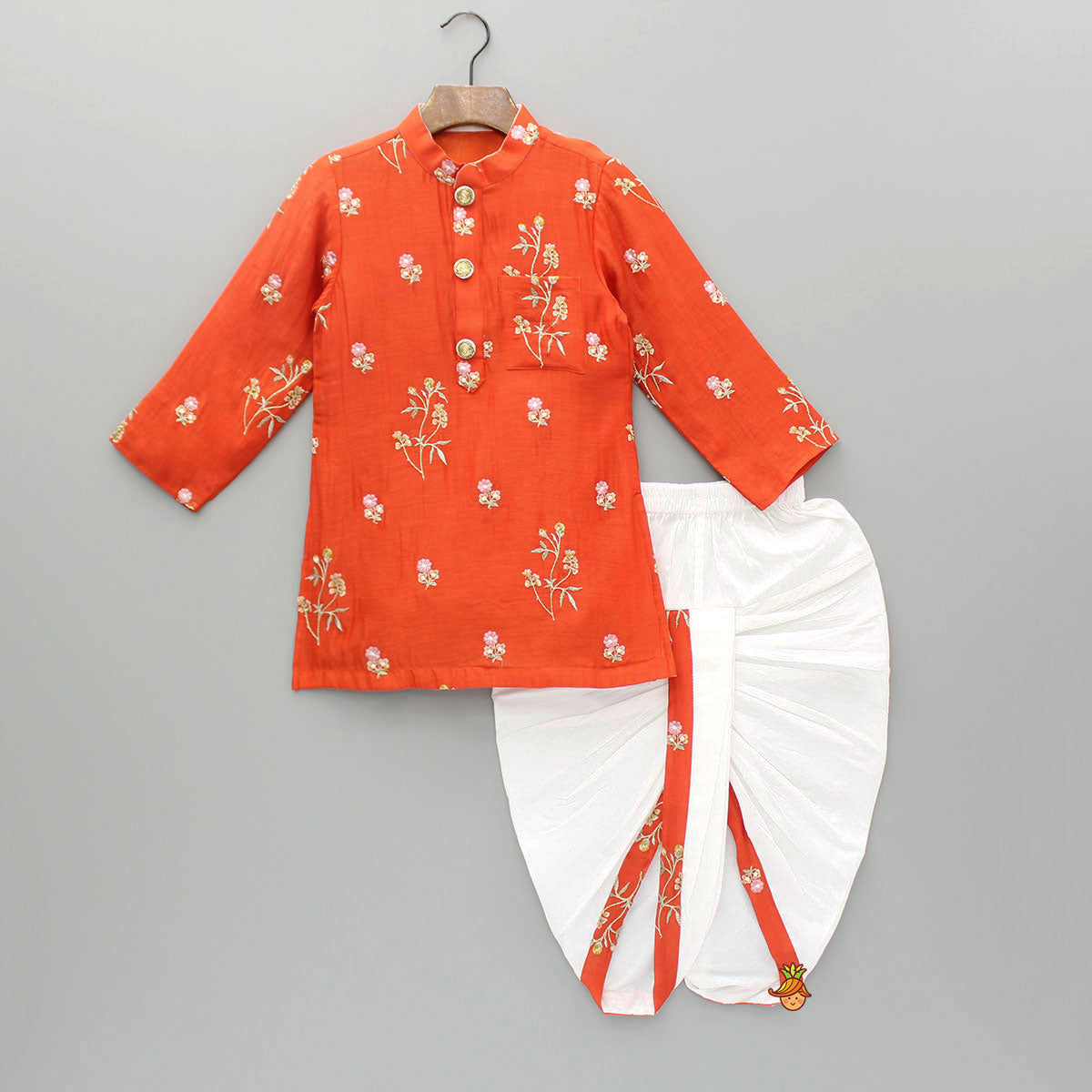 Floral Embroidered Orange Kurta And Dhoti