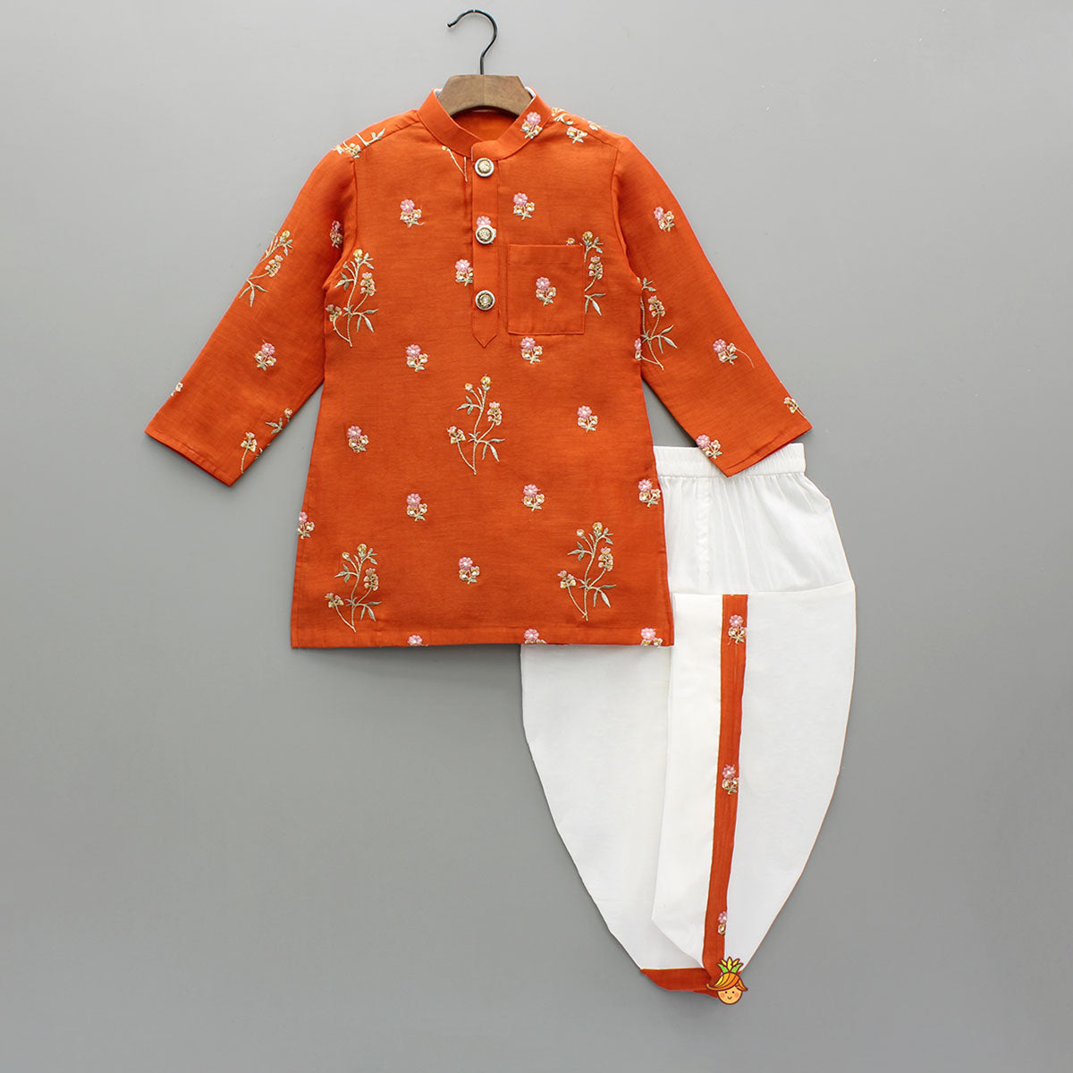 Floral Embroidered Orange Kurta And Dhoti