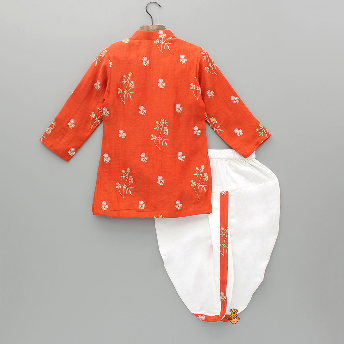 Floral Embroidered Orange Kurta And Dhoti