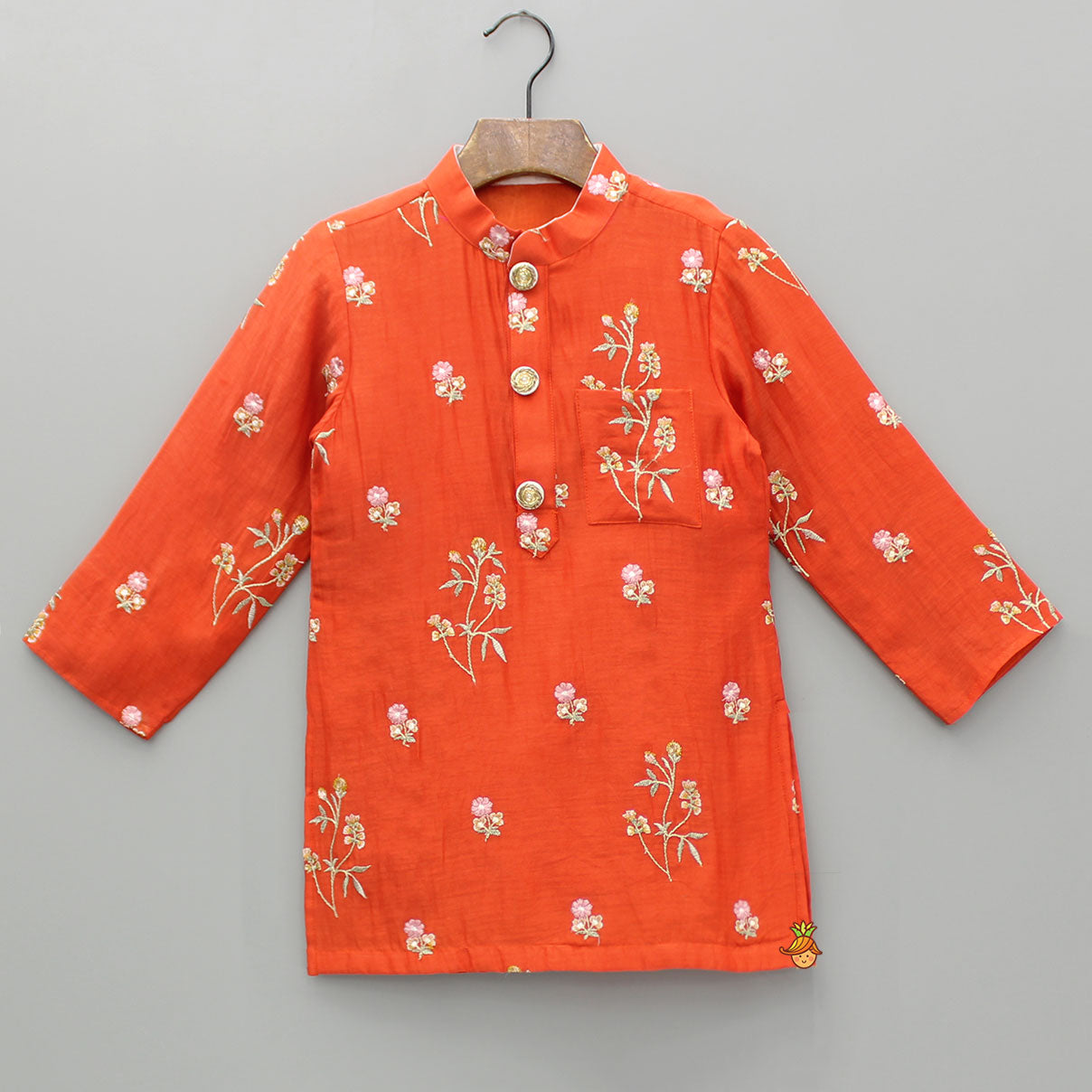 Floral Embroidered Orange Kurta And Dhoti