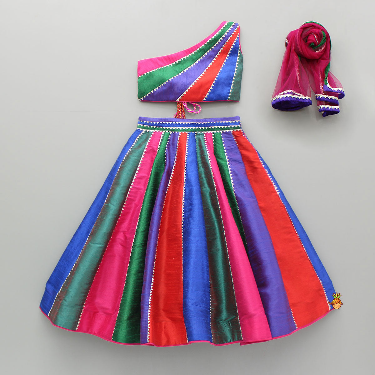 Multicoloured Colour Blocked Top With Lehenga And Dupatta