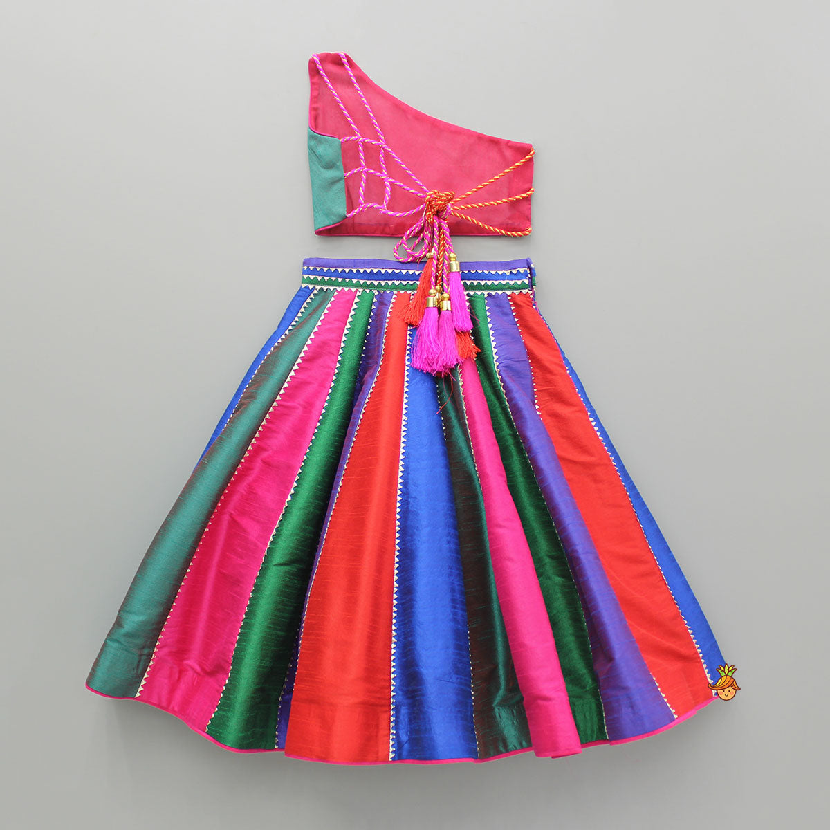 Multicoloured Colour Blocked Top With Lehenga And Dupatta