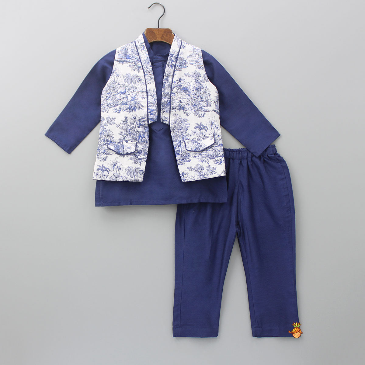 Blue Kurta With Printed Jacket And Pyjama