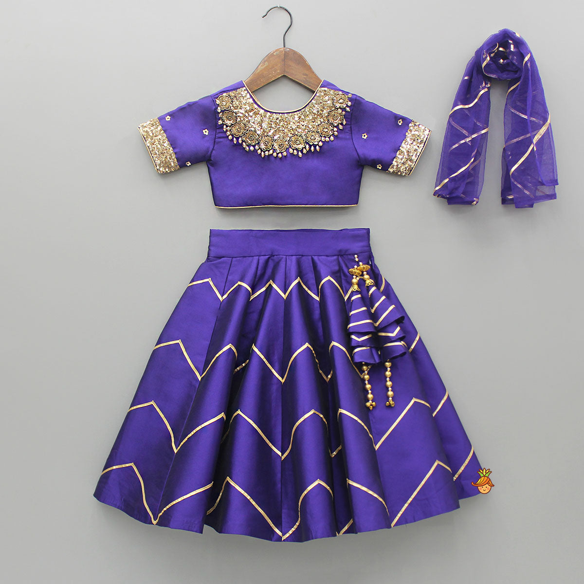 Embroidered Purple V Cut Back Top And Gota Lace Detail Lehenga With Matching Checks Dupatta