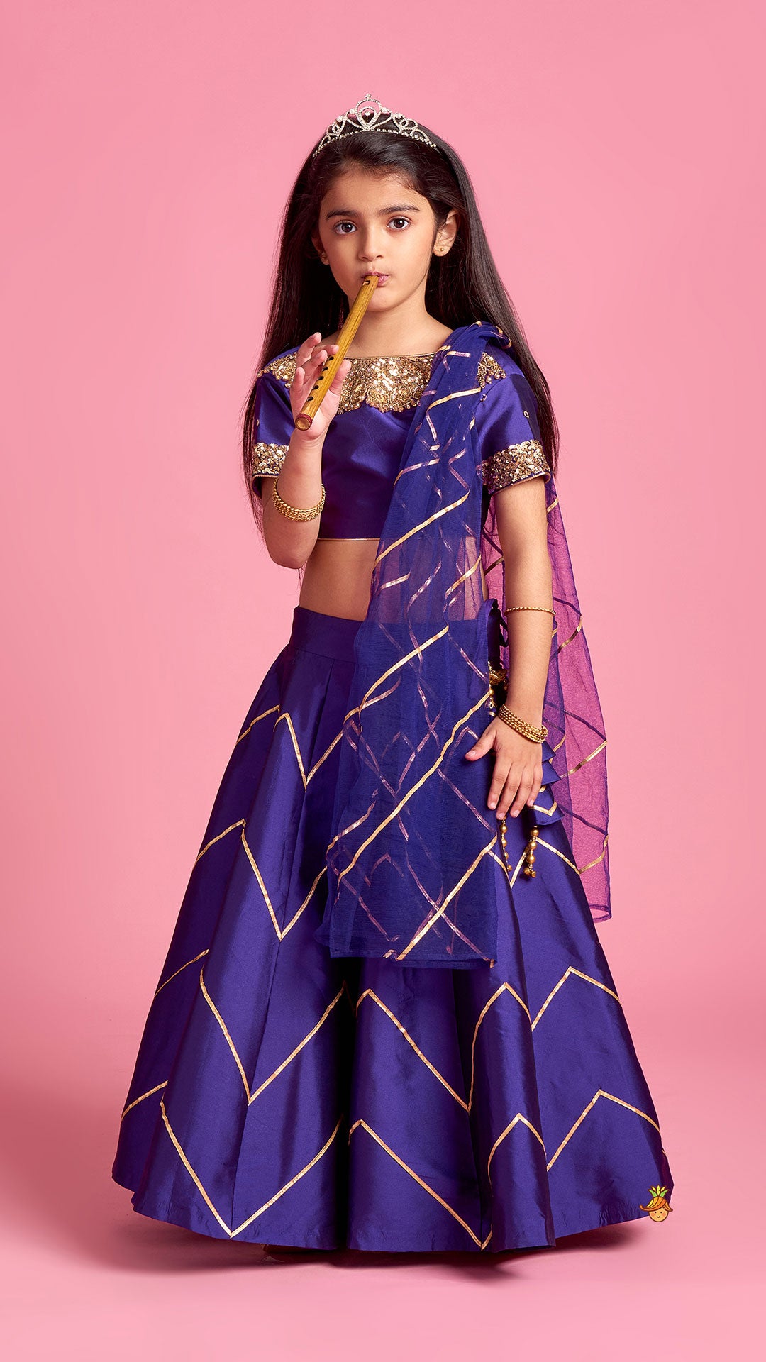 Embroidered Purple V Cut Back Top And Gota Lace Detail Lehenga With Matching Checks Dupatta