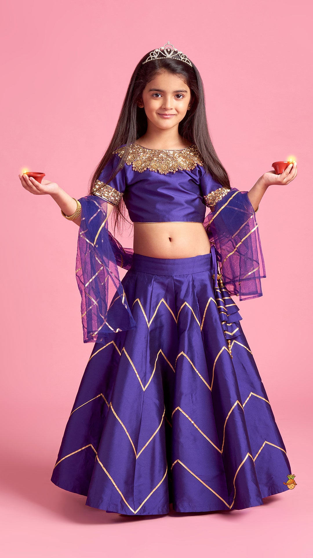 Embroidered Purple V Cut Back Top And Gota Lace Detail Lehenga With Matching Checks Dupatta