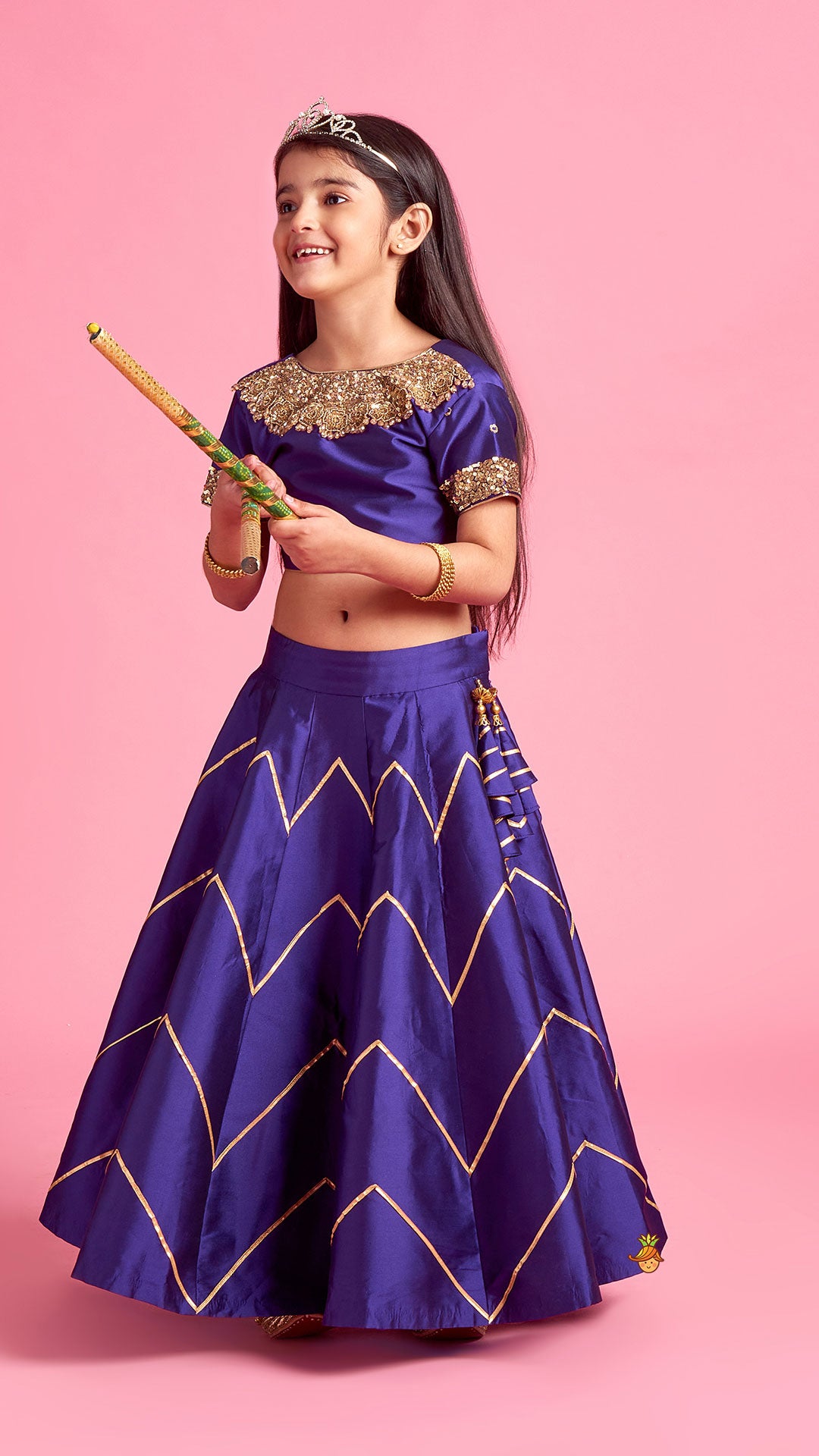 Embroidered Purple V Cut Back Top And Gota Lace Detail Lehenga With Matching Checks Dupatta