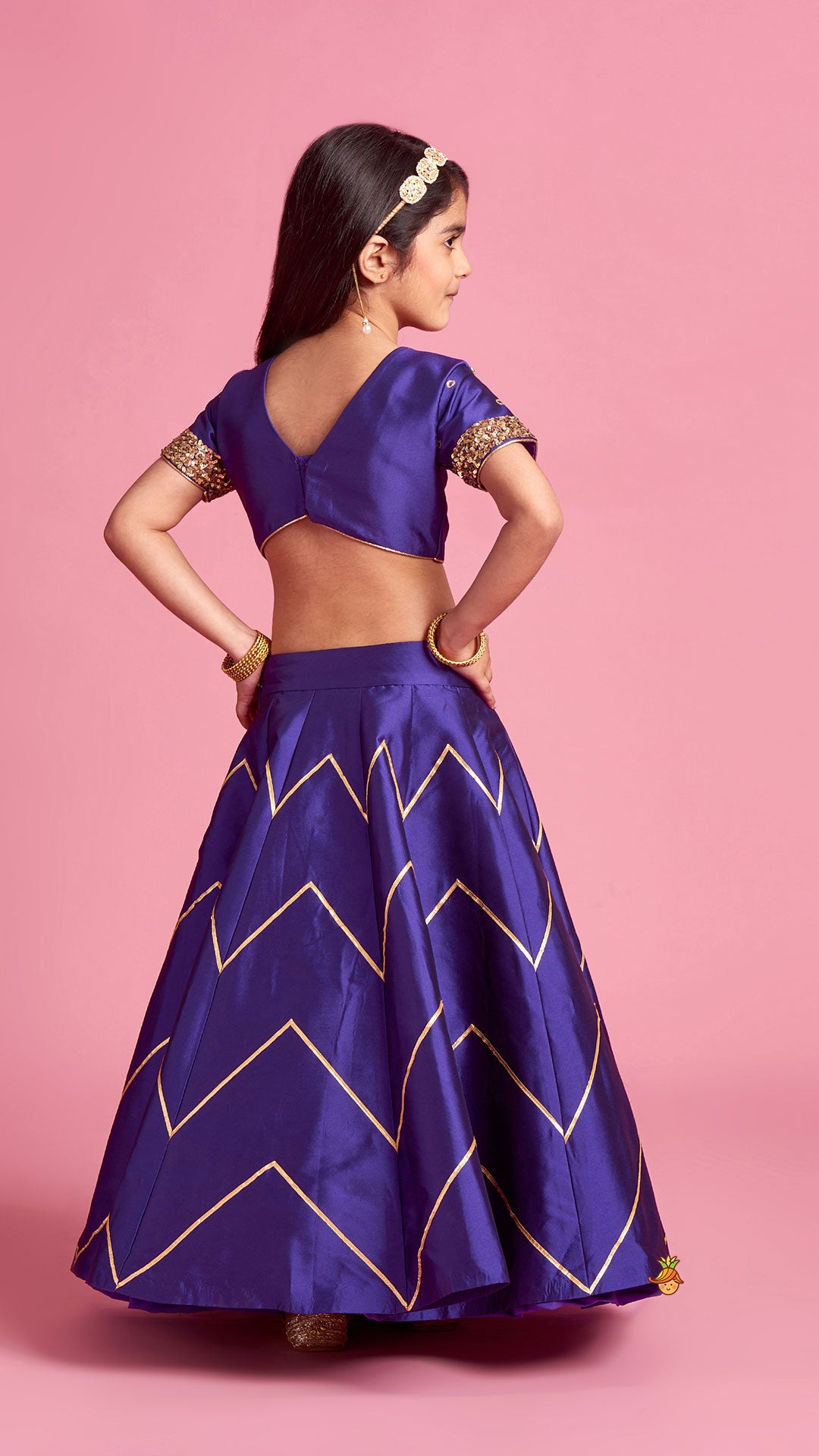 Embroidered Purple V Cut Back Top And Gota Lace Detail Lehenga With Matching Checks Dupatta