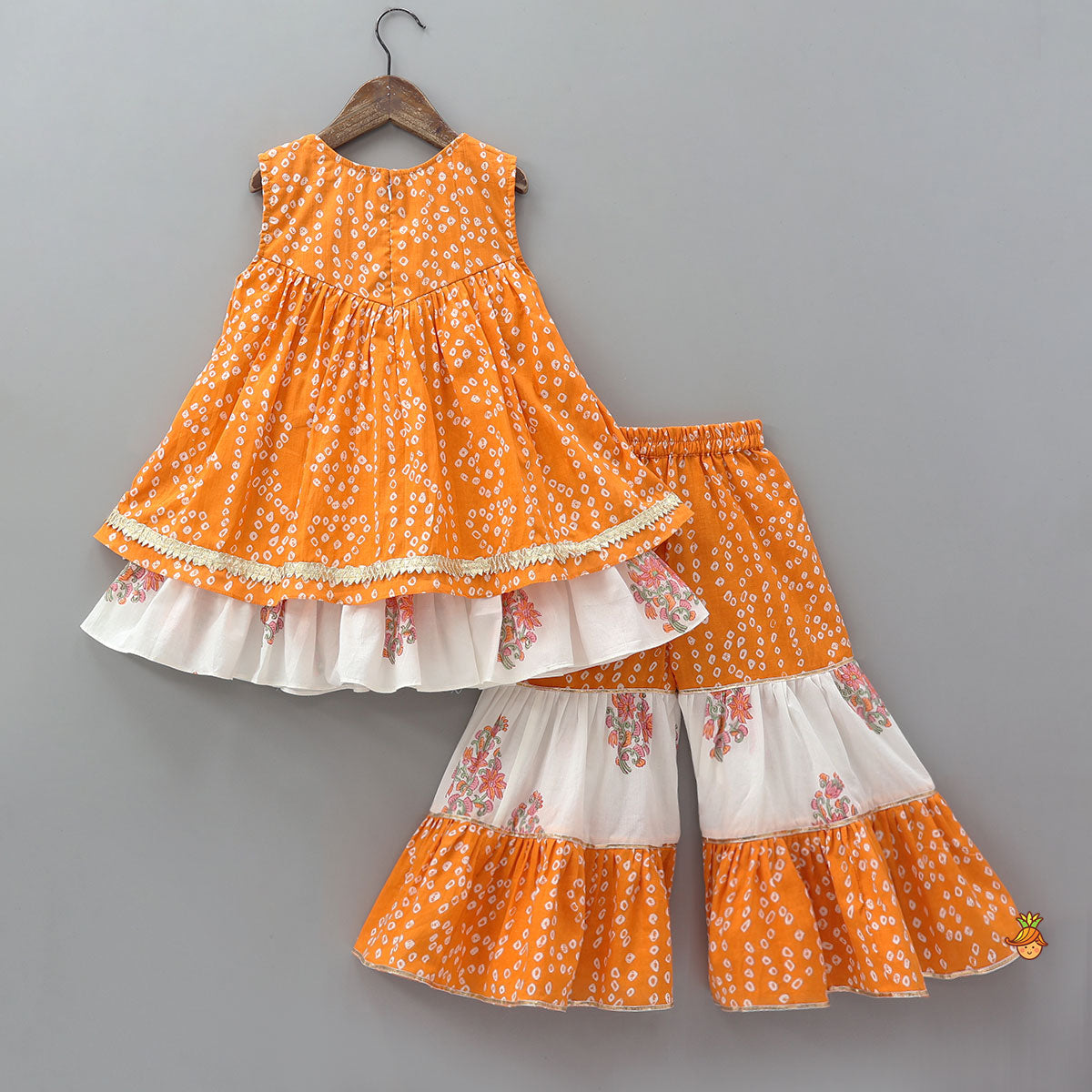 Bandhani Floral Printed Layered Kurti With Tiered Style Sharara And Dupatta