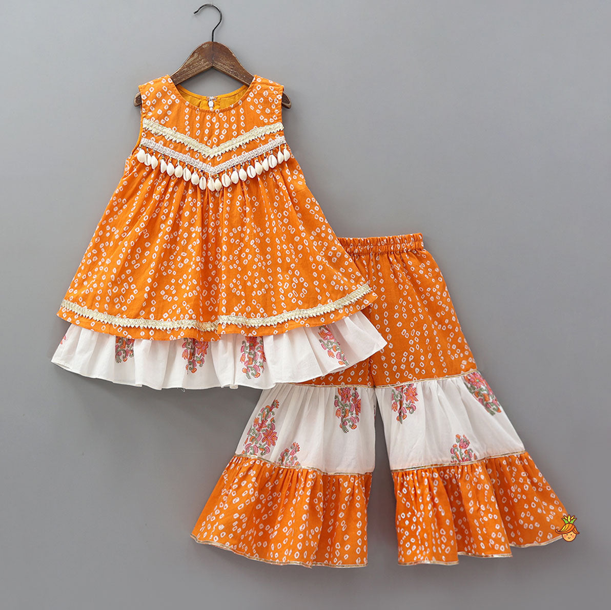 Bandhani Floral Printed Layered Kurti With Tiered Style Sharara And Dupatta