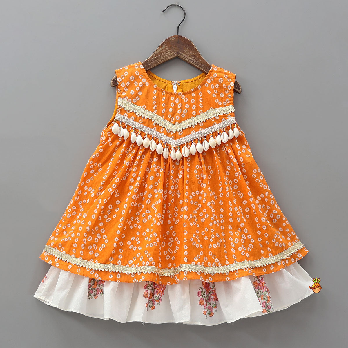 Bandhani Floral Printed Layered Kurti With Tiered Style Sharara And Dupatta