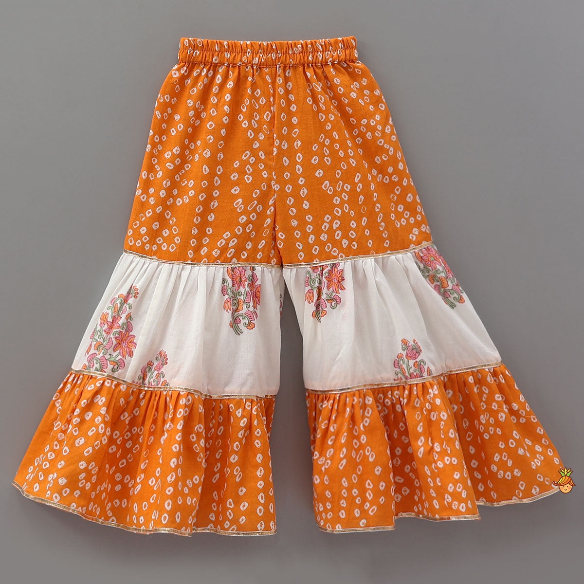 Bandhani Floral Printed Layered Kurti With Tiered Style Sharara And Dupatta