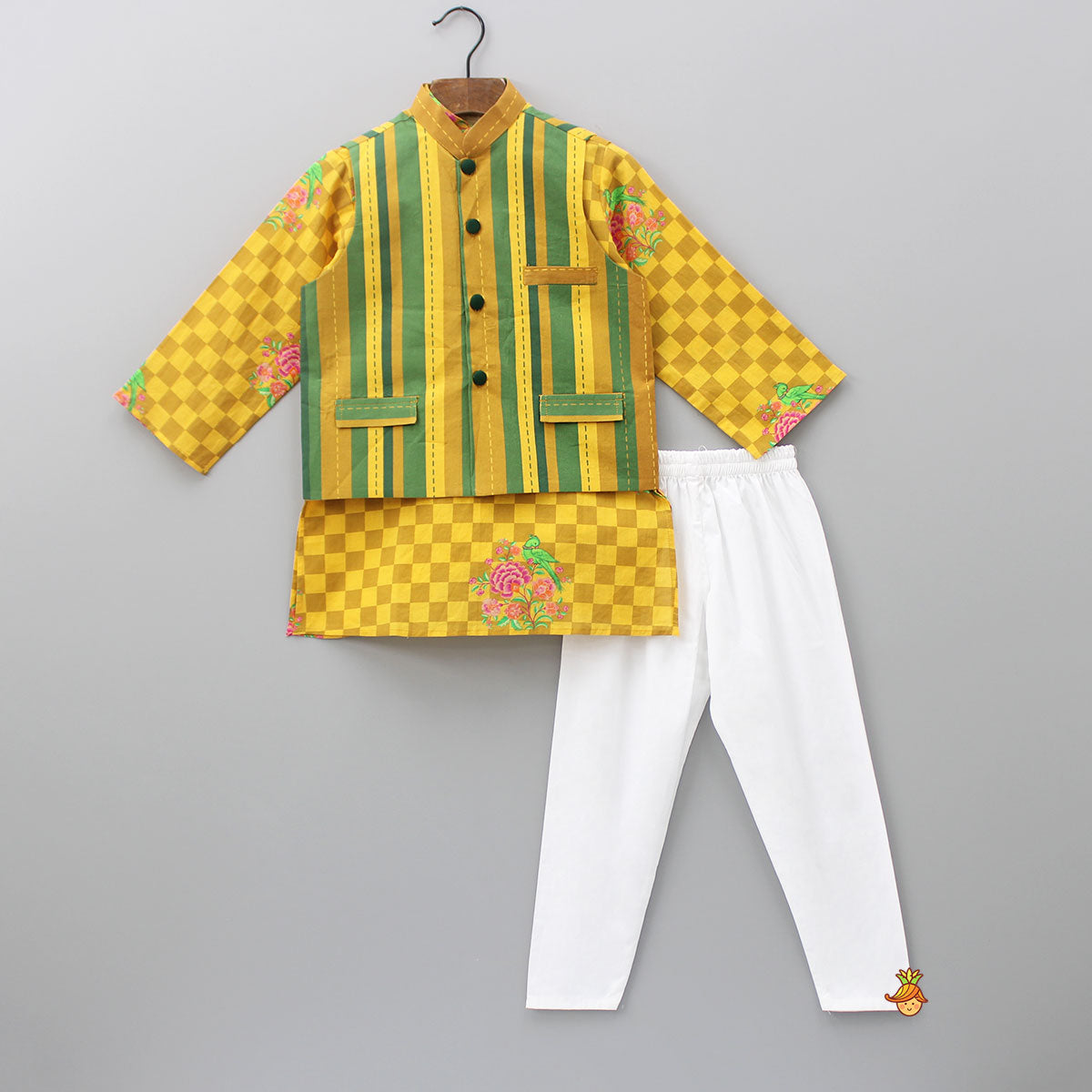 Yellow Checks Printed Kurta With Striped Jacket And Churidar