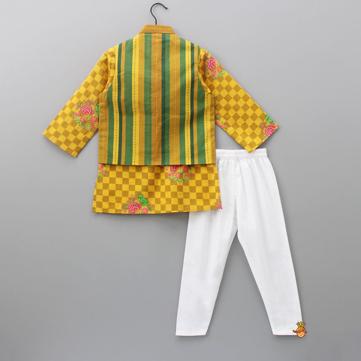 Yellow Checks Printed Kurta With Striped Jacket And Churidar