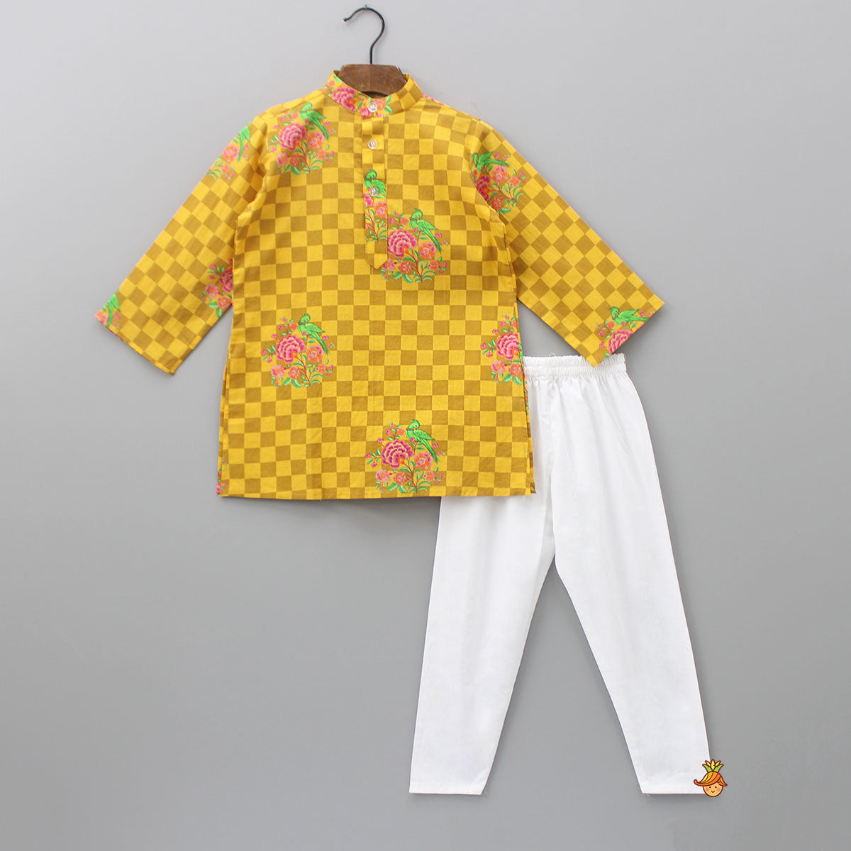 Yellow Checks Printed Kurta With Striped Jacket And Churidar