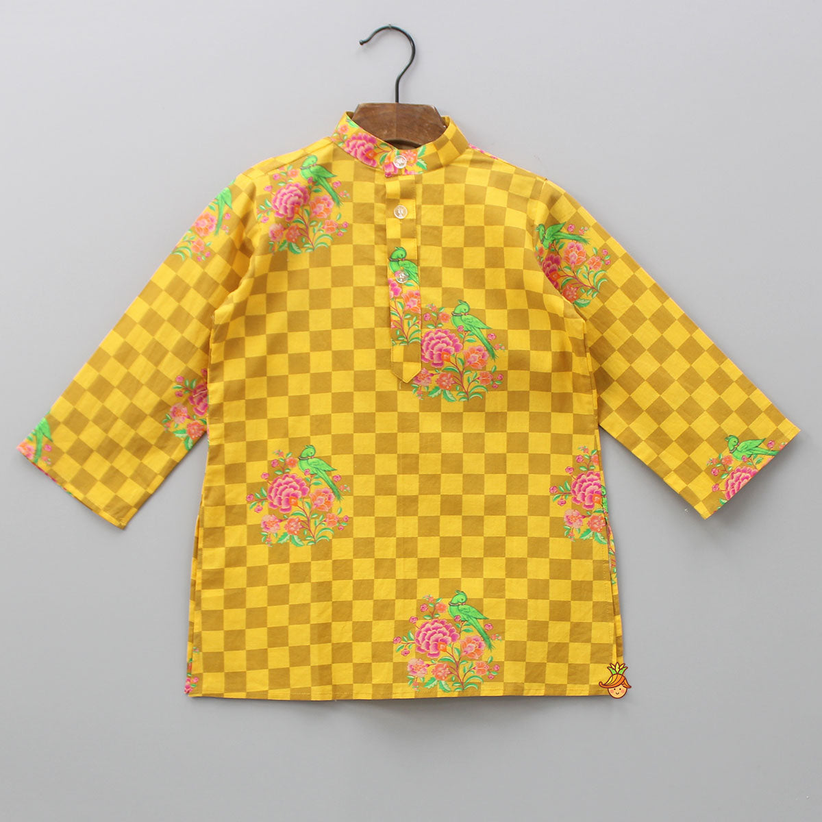 Yellow Checks Printed Kurta With Striped Jacket And Churidar