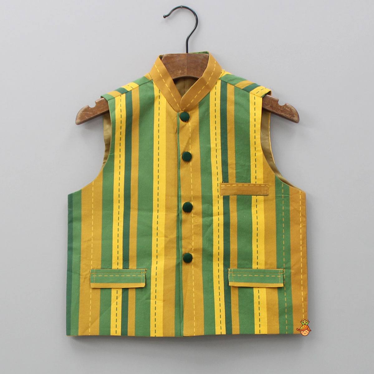 Yellow Checks Printed Kurta With Striped Jacket And Churidar