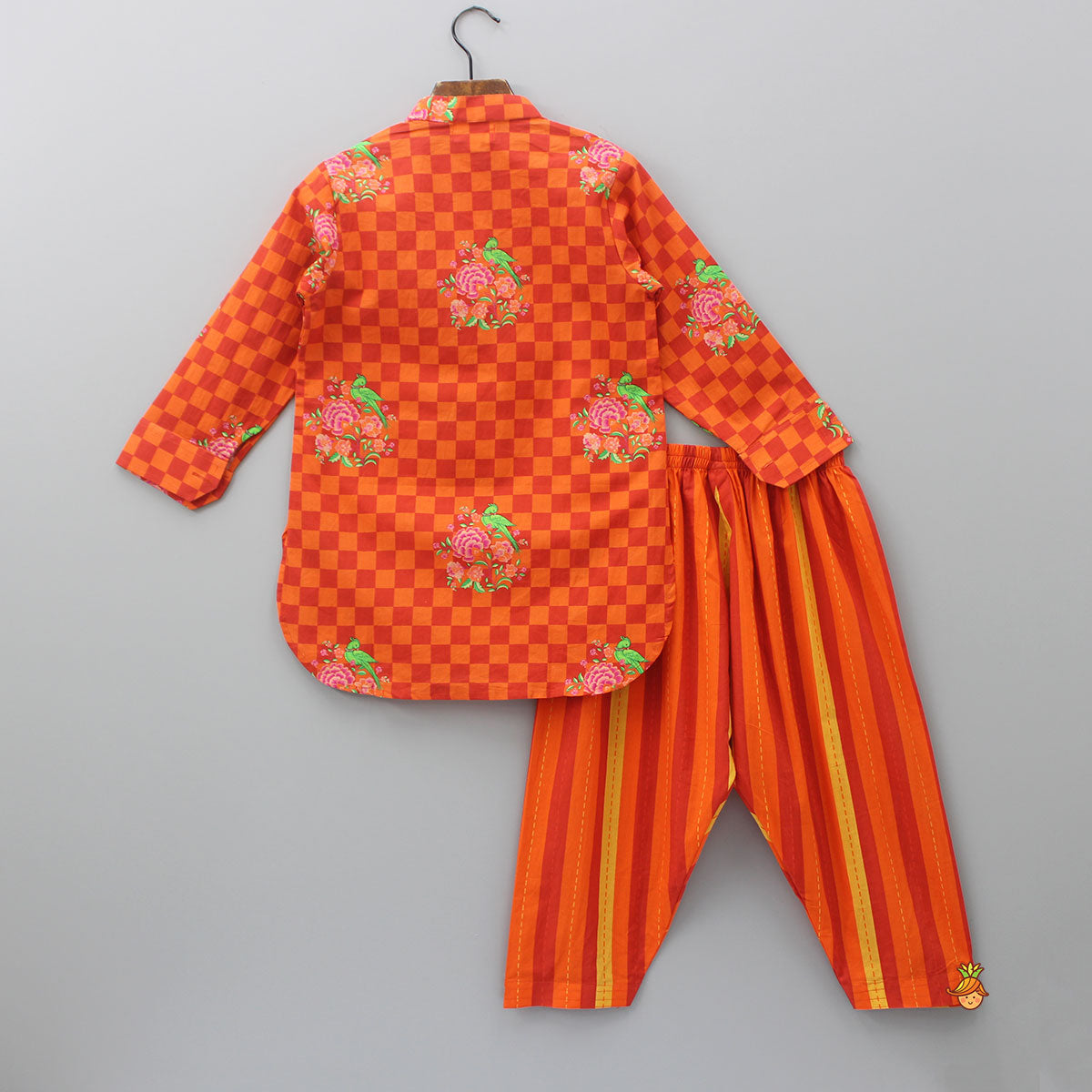 Orange Checks Printed Kurta With Striped Pyjama