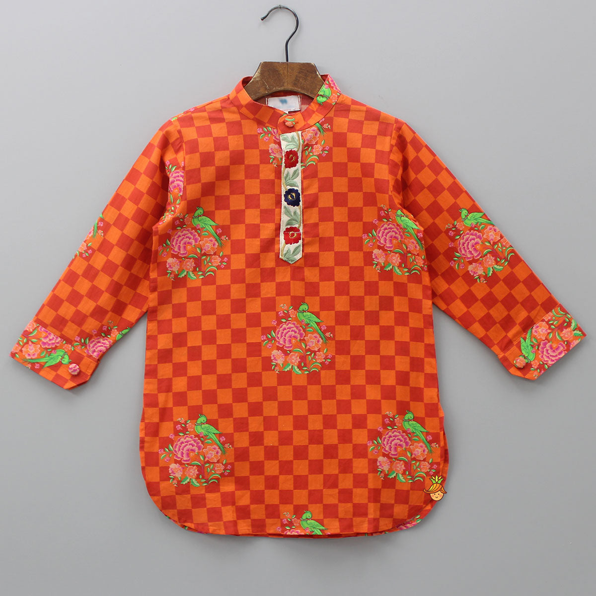 Orange Checks Printed Kurta With Striped Pyjama