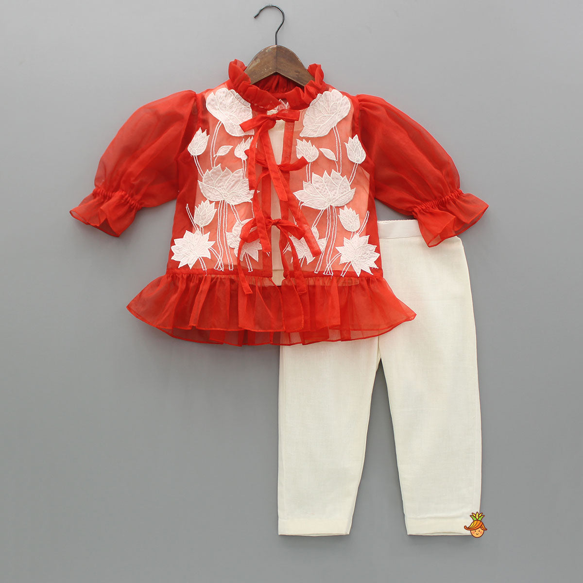 Off White Top With Front Tie Up Knot Applique Embroidered Jacket And Pant