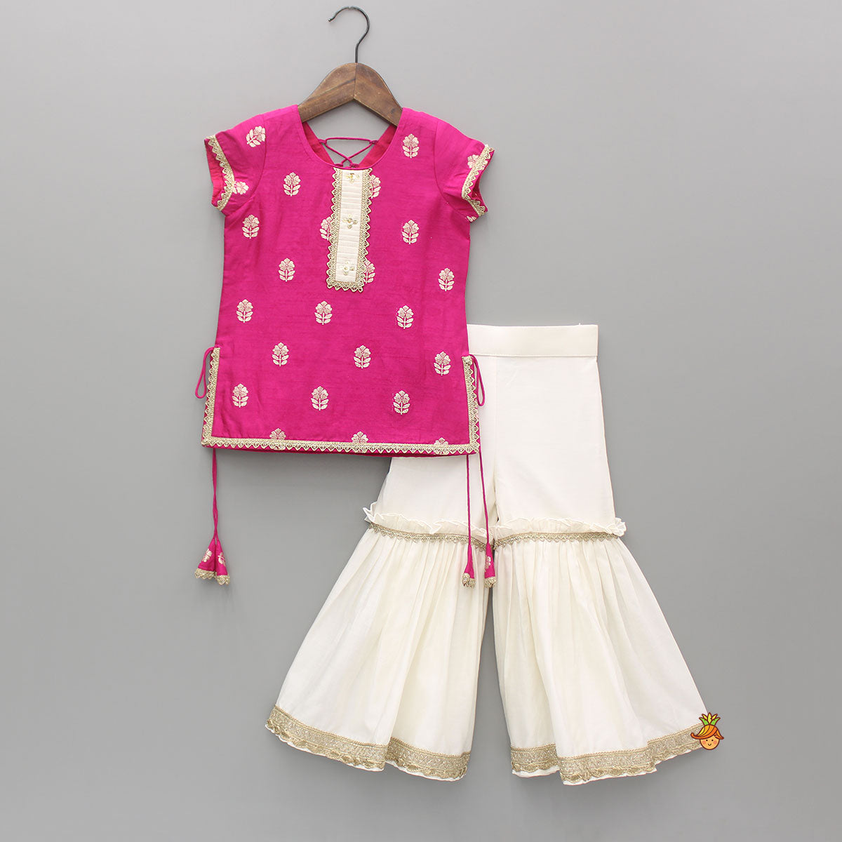 Embroidered Pink Kurti With Sharara And Dupatta