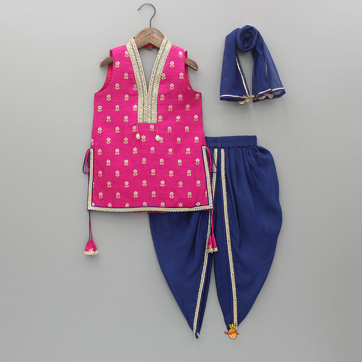 Embroidered Pink Halter Neck Kurti With Tulip Dhoti And Dupatta