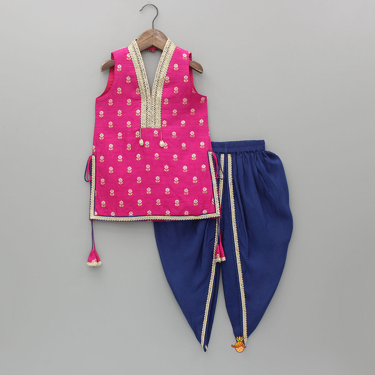 Embroidered Pink Halter Neck Kurti With Tulip Dhoti And Dupatta